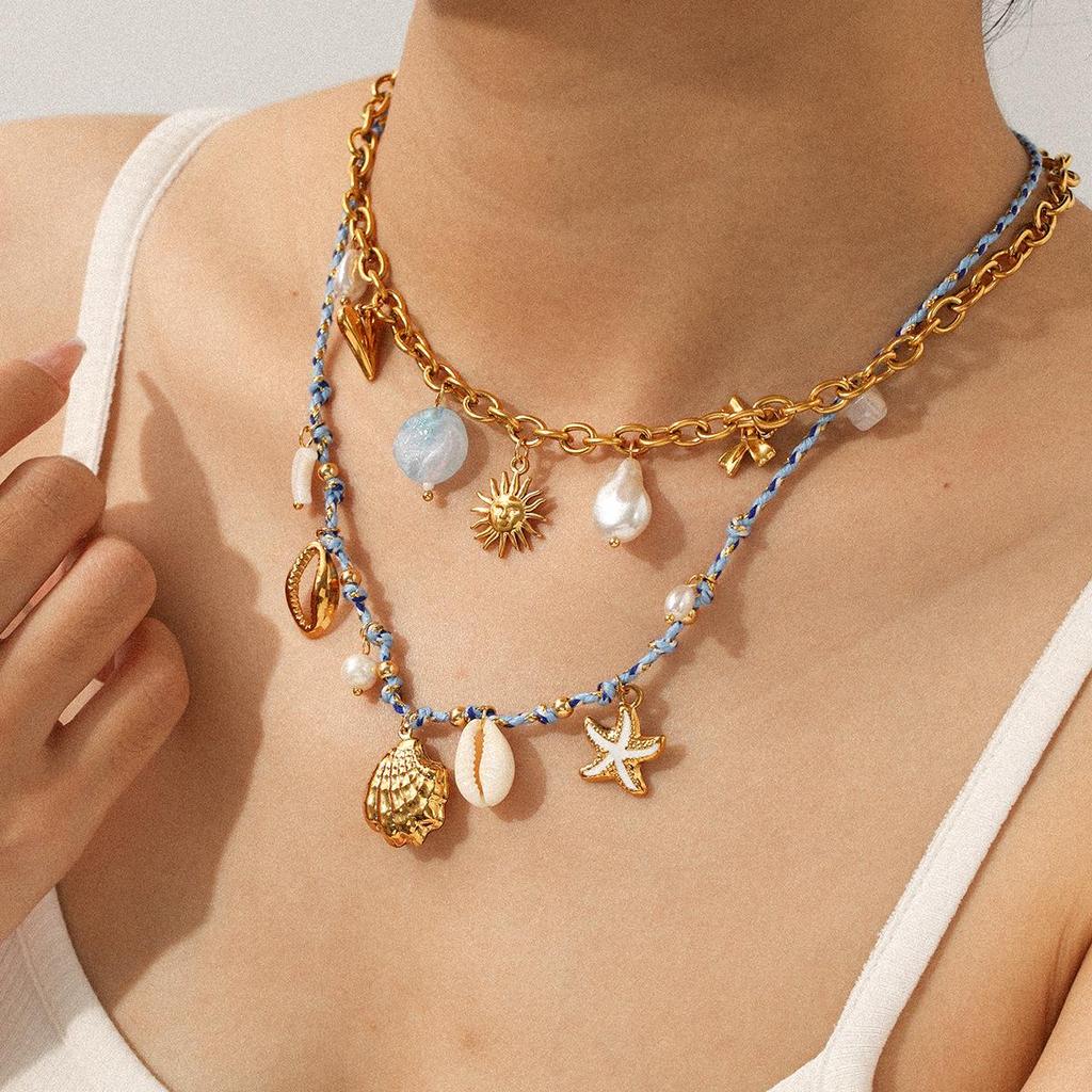 Stainless Steel Ocean Style Necklace with Seashell & Starfish Pendant for Women