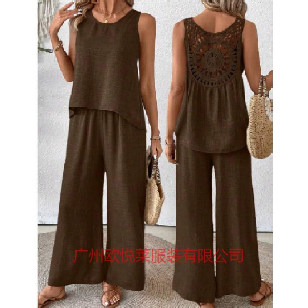 Women's O Neck Sleeveless Solid Back Cutout Tank Top Elastic Waist Wide Leg Long Pants 2 Piece Outfit Casual Daily Vacation Tracksuit Set