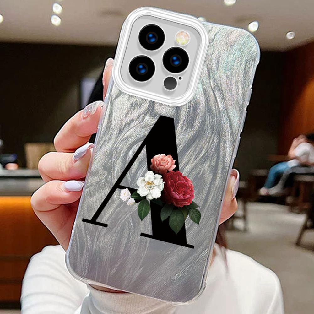 

Черный градиент с буквами AZ и цветком для Apple iPhone 16, 15, 14 Pro Max, 16Plus, 15Plus, 14plus, чехлы для телефонов, силиконовый прозрачный бампер, жесткая задняя крышка из ПК iPhone 16 Pro белый