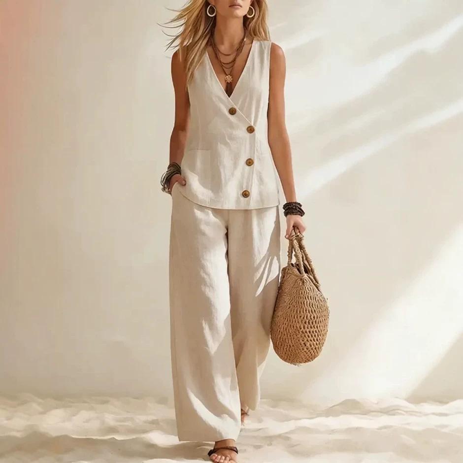 2026 new cross-border European and American women s clothing summer clothing casual solid color vacation style button vest cardigan trousers suit S