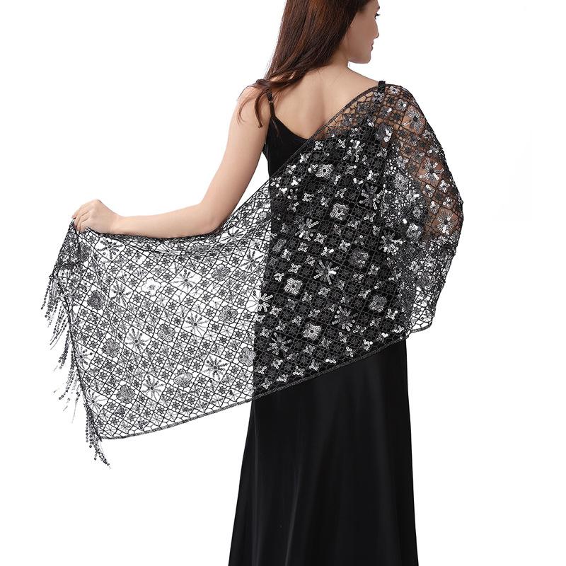 50*180cm with Fringed Women's Sparkling Sequin Lace Deco Scarf, Shawl Wraps For Evening Dress Mesh Shawls Capes For Party