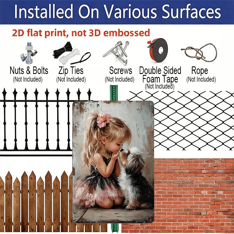 2D Flat, 1pc Vintage "Girl & Yorkshire Terrier" Aluminium Sign - 8"x12" Rustic Pet & Family Decor, Heartwarming Dog Lover Wall Art, Perfect Gift for