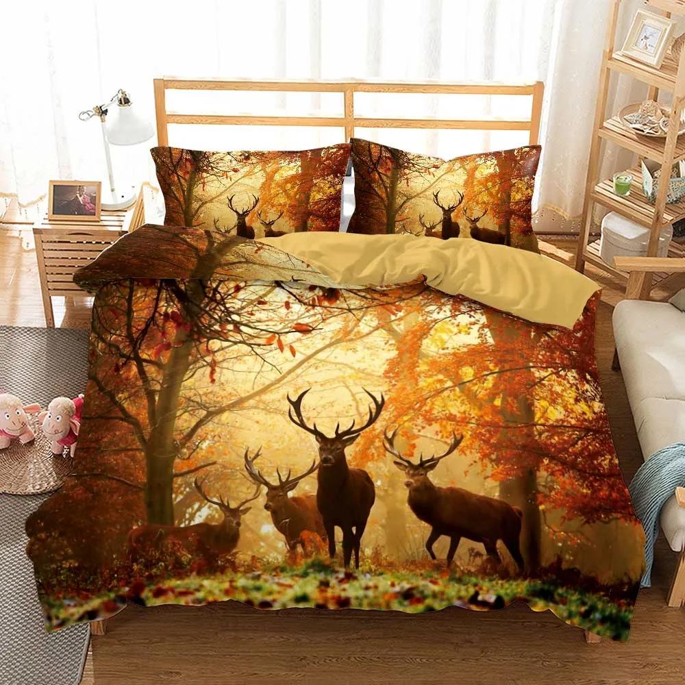 US Size Bedding Queen King Size 2/3Pcs Deer And Flowers Autumn Leaves Duvet Cover Sets Pillow Shams Single Double Kids Bed Set