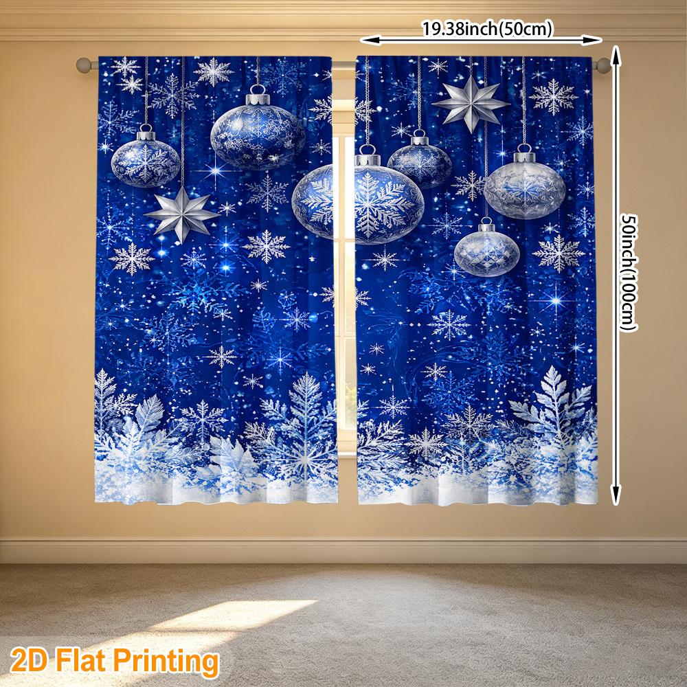 2pcs Blue Silver Christmas Ornaments Printed Polyester Curtain Rod Pocket Design, Ideal for Study Decor, Living Room, Bedroom, Housewarming Gift Idea