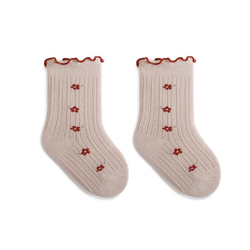1 para estetycznych skarpetek z kwiatową koronką dla dziewczynki, retro bezszwowe skarpetki do połowy łydki z kwiatami dla malucha, miękkie bawełniane pończochy