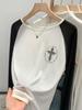 Women's Retro Color Block Crew Neck Long Sleeve Cross Print T-shirt for Autumn/Winter