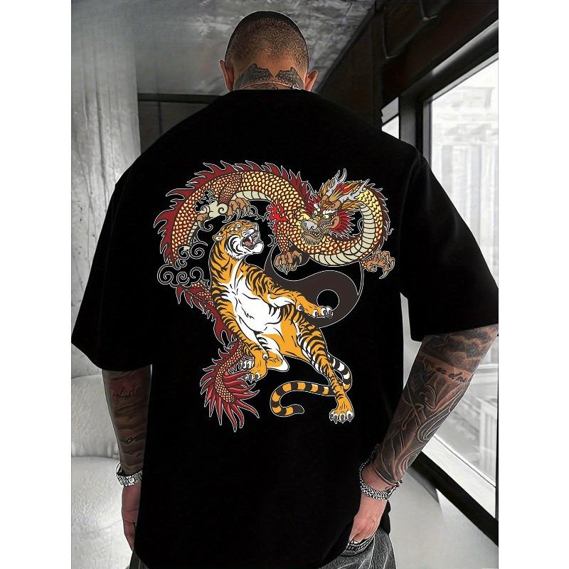 European sizes Men'S T-Shirt Featuring a Dragon And Tiger Design | Patterned Tee for Men | Vintage And Nostalgic Style