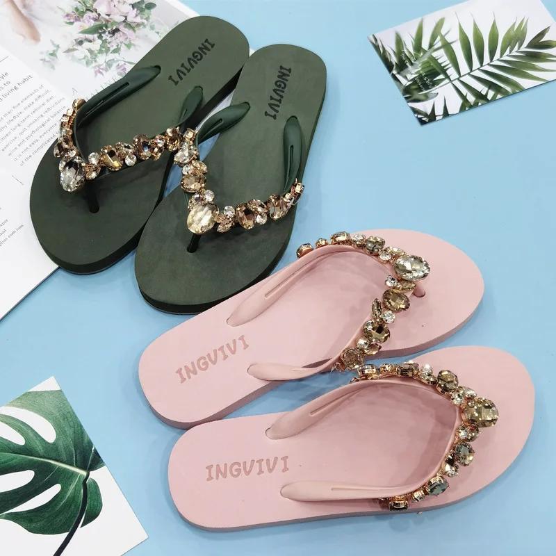 Fashion 2025 Comfortable and Fashionable All-match Beach Shoes Non-slip Soft Bottom Casual Flip-flops Rhinestone Chain Flat Slippers