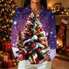 Women's Casual Christmas Print Button Down Long Sleeve Collared Blouse with Double Side Slit Hem