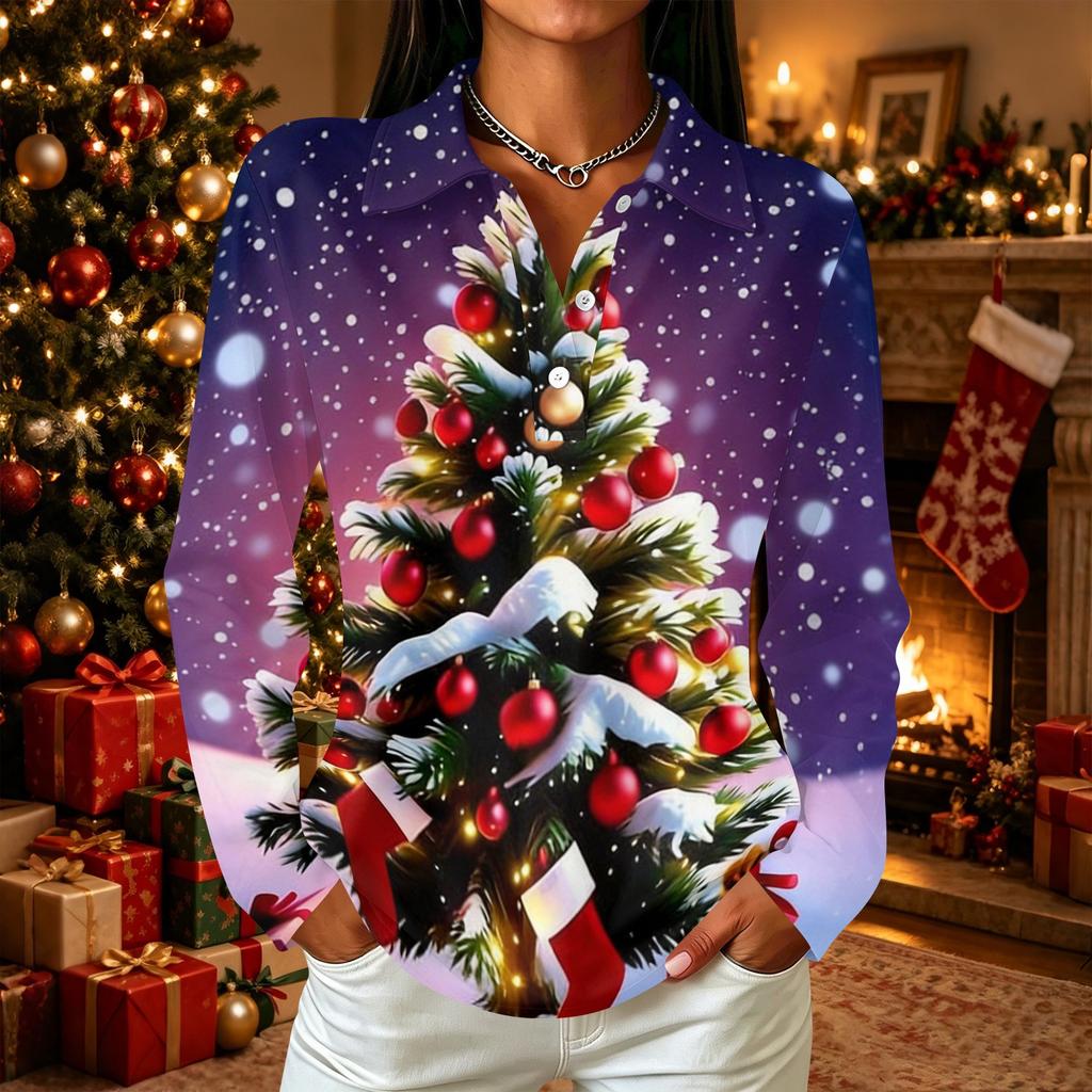 Women's Casual Christmas Print Button Down Long Sleeve Collared Blouse with Double Side Slit Hem