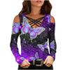 Women's Fashion Casual Flower Print V-Neck Cross Band Off Shoulder Long Sleeve Top