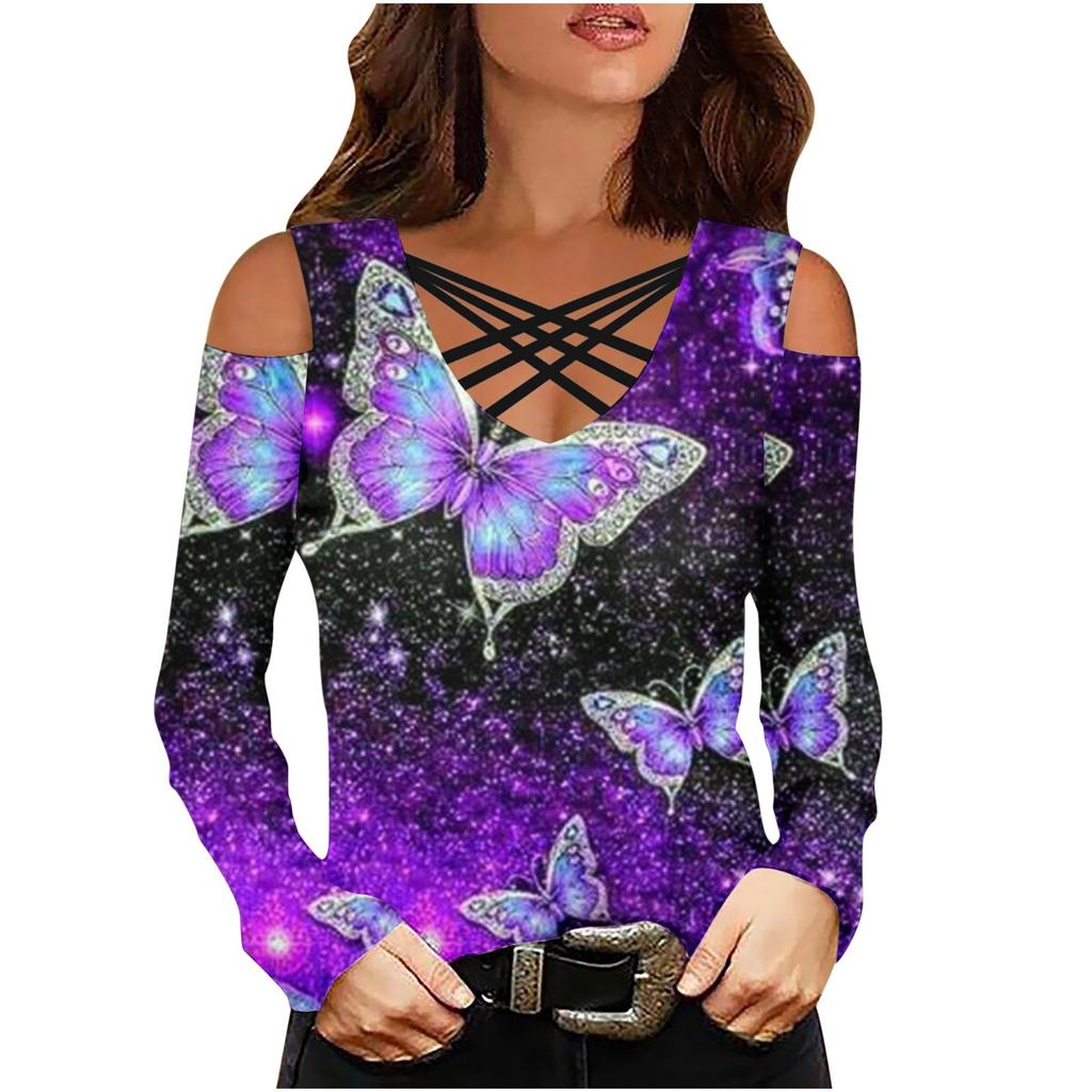 Women's Fashion Casual Flower Print V-Neck Cross Band Off Shoulder Long Sleeve Top