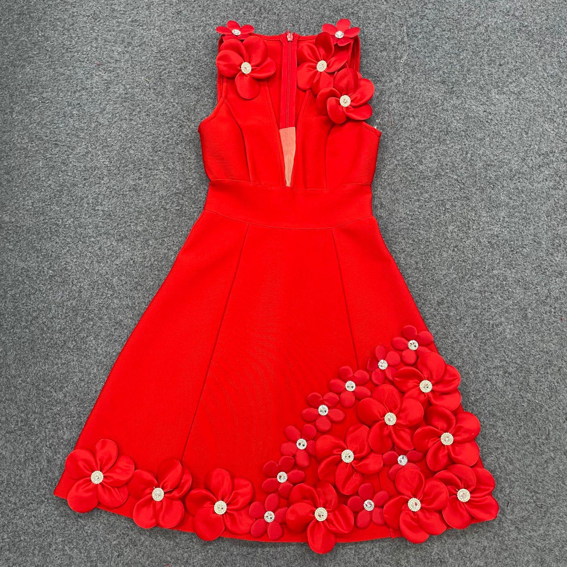 Women s European & American Style Deep V Floral Bandage Dress - Sexy Evening Gown & Short Dress L красный