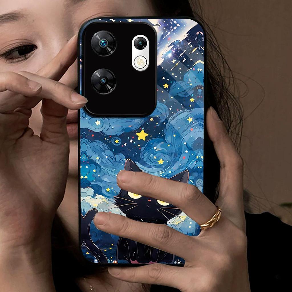 Case for infinix ZERO 30 5G 4G Anime Black Cat Starry Cloud Print Phone Cover Acrylic Hard Back Shell With Flexible TPU Edge