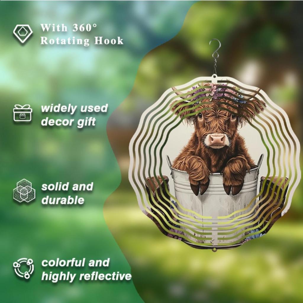 Highland Cow Windmill Garden Decor - 25.4cm (10-inch) Metal 3D Art Hanging Ornament, Floral Print Design