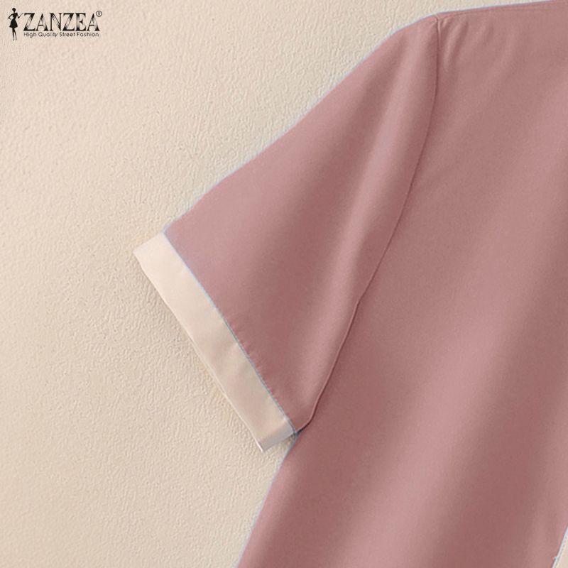 ZANZEA Women Splice Turn Down Collar Casual Short Sleeve Shirt Dress