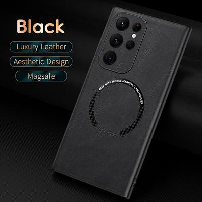 Luxury Leather Magnetic Magsafe Case for Samsung Galaxy S24 S23 S22 Ultra S20 Plus S21 Car Mount Case Silicone Shockproof Full Protection Cover