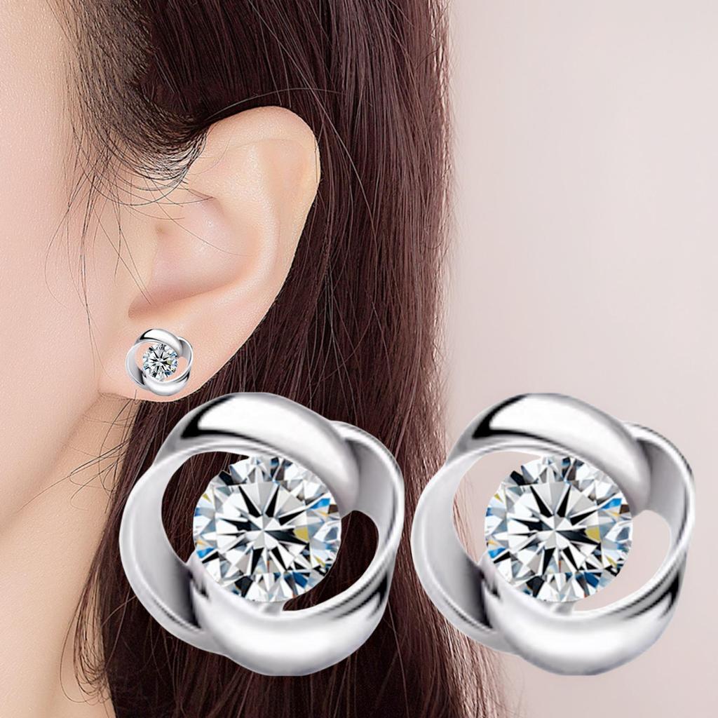 Silver Plated Eternal Love Zircon Stud Earrings - Rotating Retro Design, Hot Selling for Women