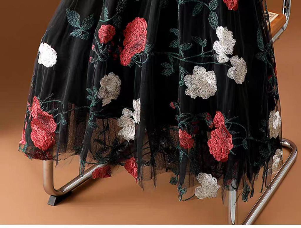 Women's Ethnic Embroidered Floral Mesh A-Line Midi Skirt