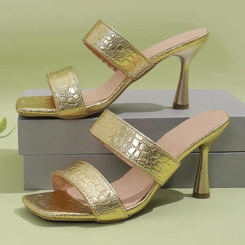 Luxury Gold Silver High Heels Slippers Women 2024 Summer Slip On Thin Heeled Sandals Woman Plus Size  Square Toe Party Shoes