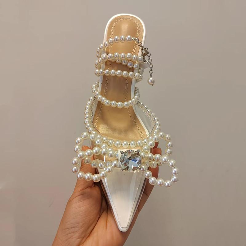 Fashion Luxury Rhinestone Soft Clear PVC Women Pumps Sexy Ankle Strap Pearls Bowknot Thin High Heels Fashion Summer Wedding Bridal Shoes