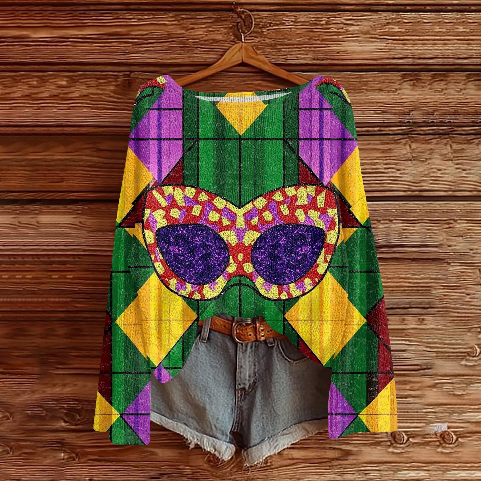 

Women s Casual Fashion Round Neck Top Carnival Print Long Sleeve Knit Pullover L білий