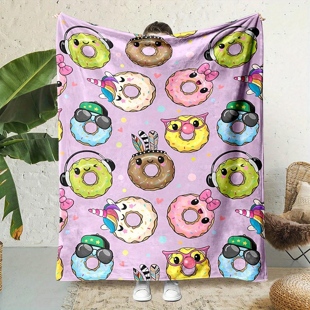 Cartoon Donut Print Flannel Throw Blanket Reversible All Season Soft Durable Office Nap Gift 75x90cm