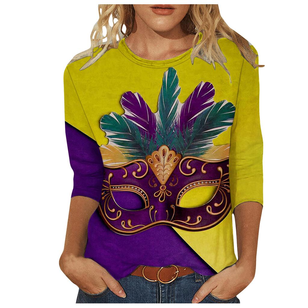 Long Sleeved Glamorous Mask Patterned Top Carnival Themed Printed Women's T-shirts