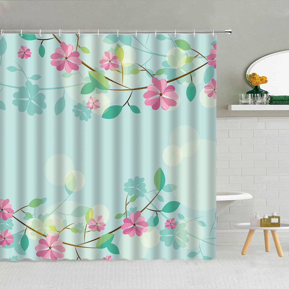 Floral Shower Curtain, Spring Nature Theme Cherry Blossom Bathroom Decor Polyester Fabric Waterproof Bath Curtain with Hooks