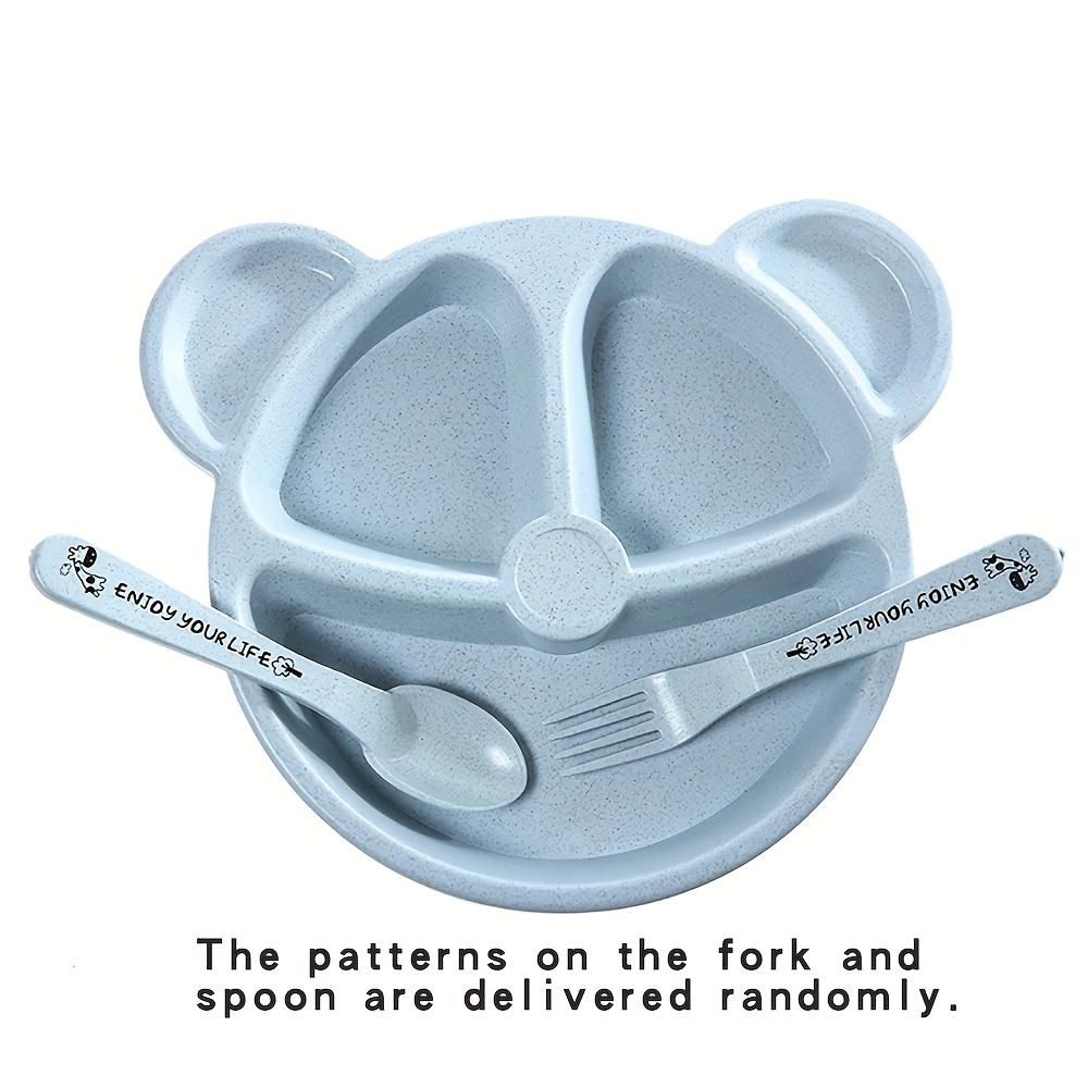 

Wheat straw cartoon toddler divided dinner plate set, safe bear tableware with fork spoon for baby kindergarten use синий