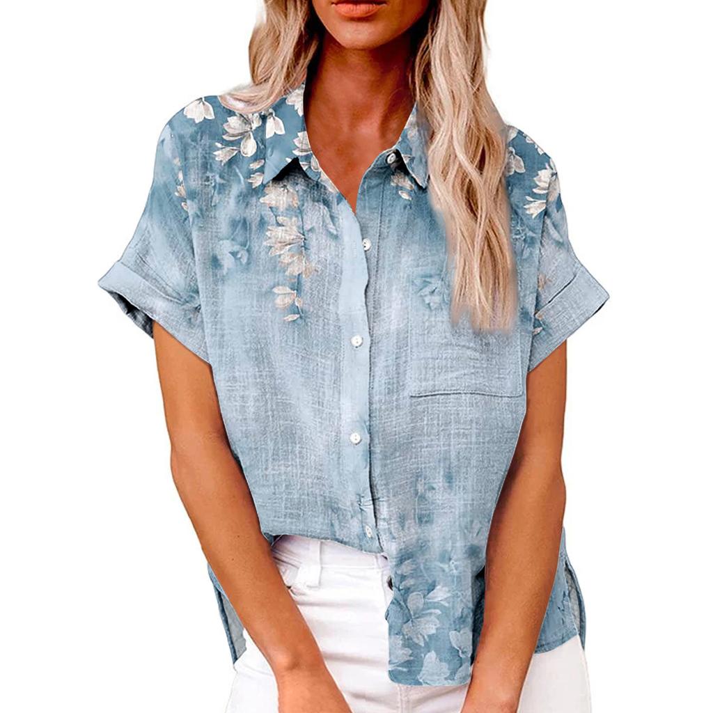 Women's Fashion Loose Casual Short Sleeve Lapel Button Down Shirt Printed T-Shirt Top