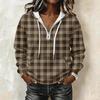 Women's Long Sleeve Pullover Hoodie with Plaid Print and Drawstring Casual Top