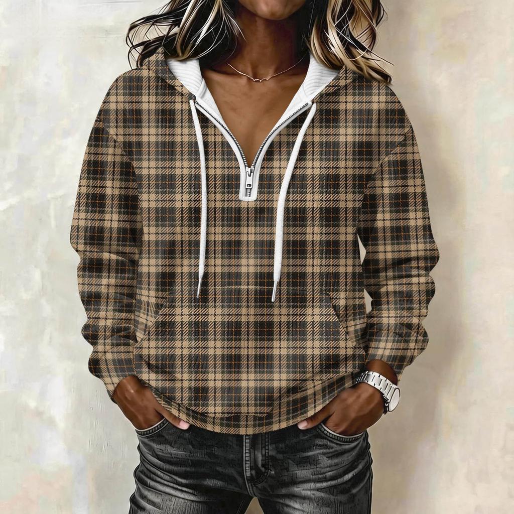 Women's Long Sleeve Pullover Hoodie with Plaid Print and Drawstring Casual Top
