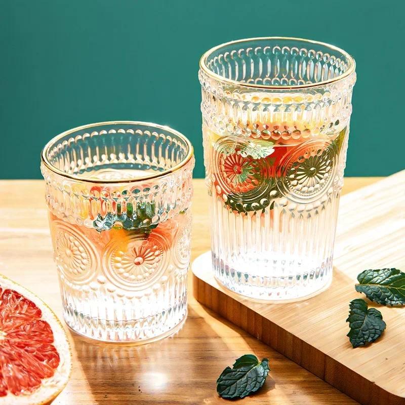 GIANXI Anaglyph Glass Cup Transparent High Temperature Resistance Thicken Glass Cups Retro Sun Flower Pattern Glasses Drinkware