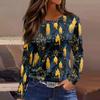 Women's Halloween Print Long Sleeve Top with Round Neck and Hem Slit