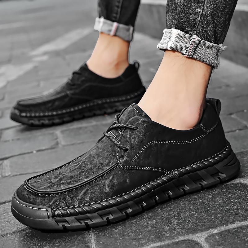 Casual Leather Shoes Men's 2025 New Soft-soled Hand-stitched Versatile Lace-up Men's Shoes Business Dress Breathable Dad Shoes