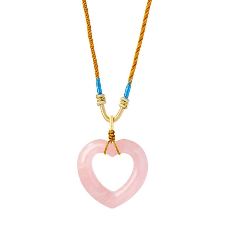 Natural Rose Crystal Openwork Heart Charm Necklace Bohemian Braided Rope Chain Dainty Feminine Gift For Her 1