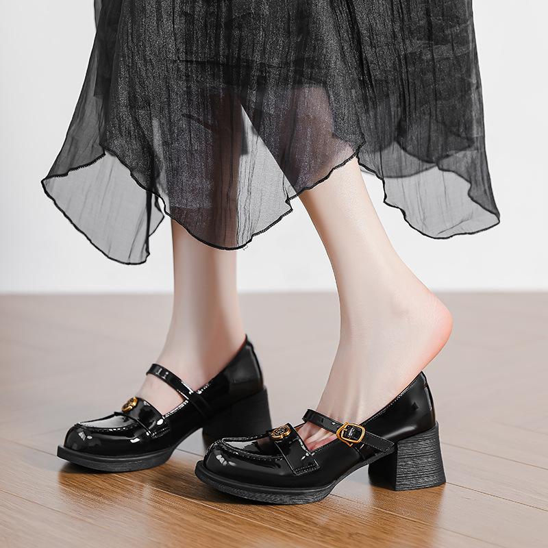Camellia Retro Thick Heel Mary Jane Women's 2025 Spring and Summer New Light Mouth High Heel One Word with Small Leather Shoes Single Shoes