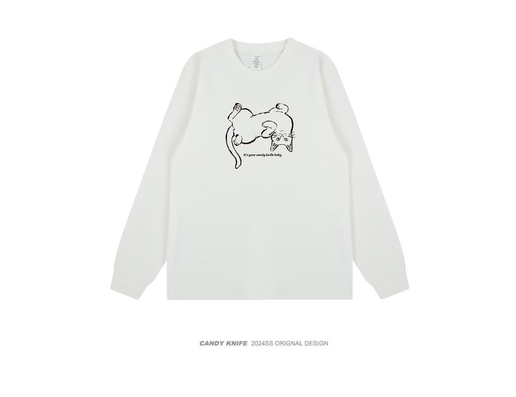 Niche Trend Hand-Painted Cat Print Long Sleeve T-Shirt - Korean Style Autumn/Winter