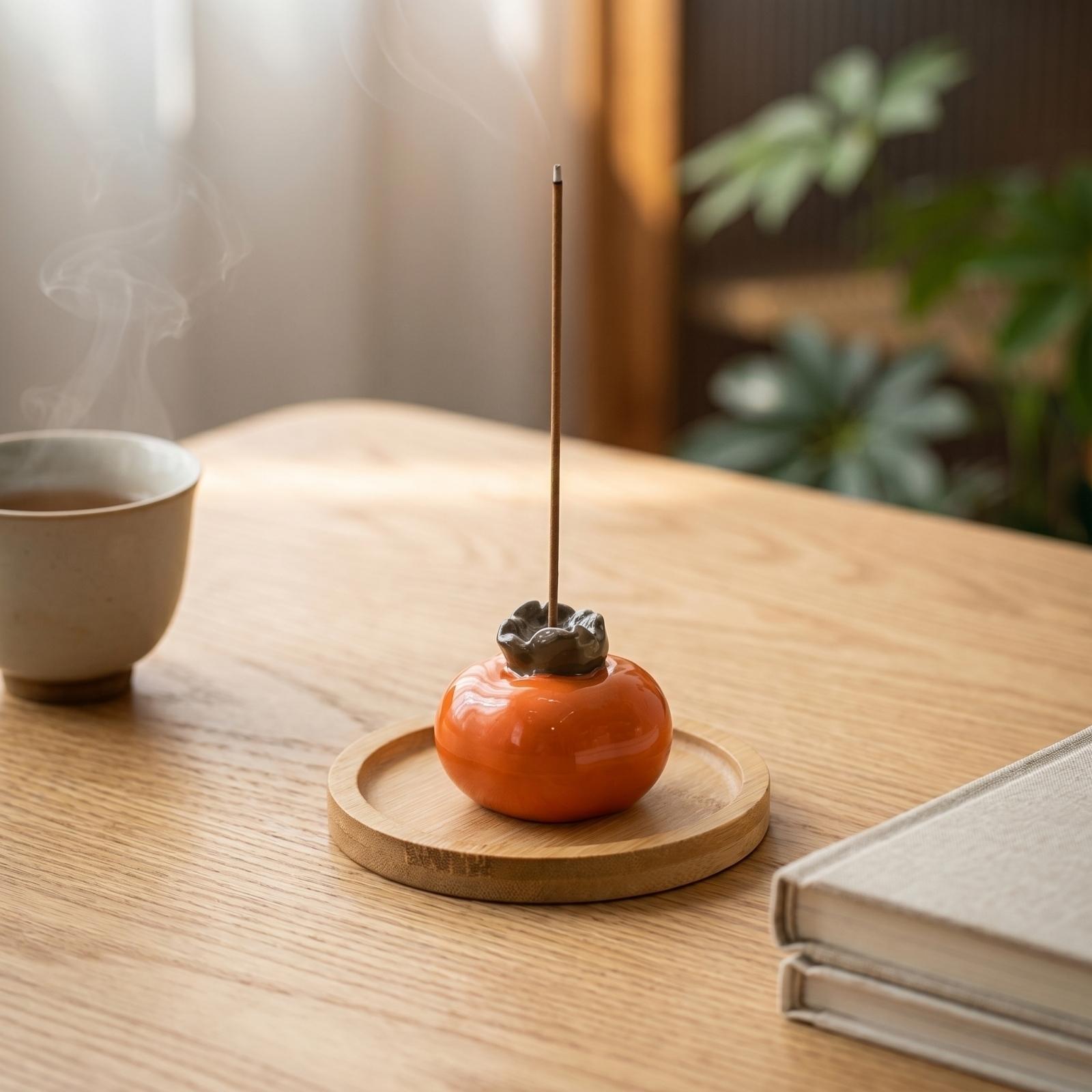 Creative Home Decor Incense Holder Set Wooden Round Tray with Ceramic Persimmon Shape Incense Stick Holder and 40 Incense Sticks for Indoor Use one size оранжевый