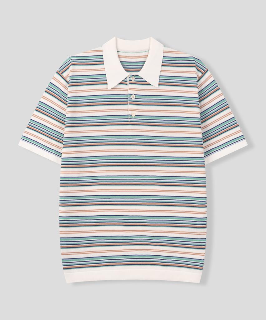 BLACK MOMENT Modern Striped Collared Knit Polo [Ivory Mix]