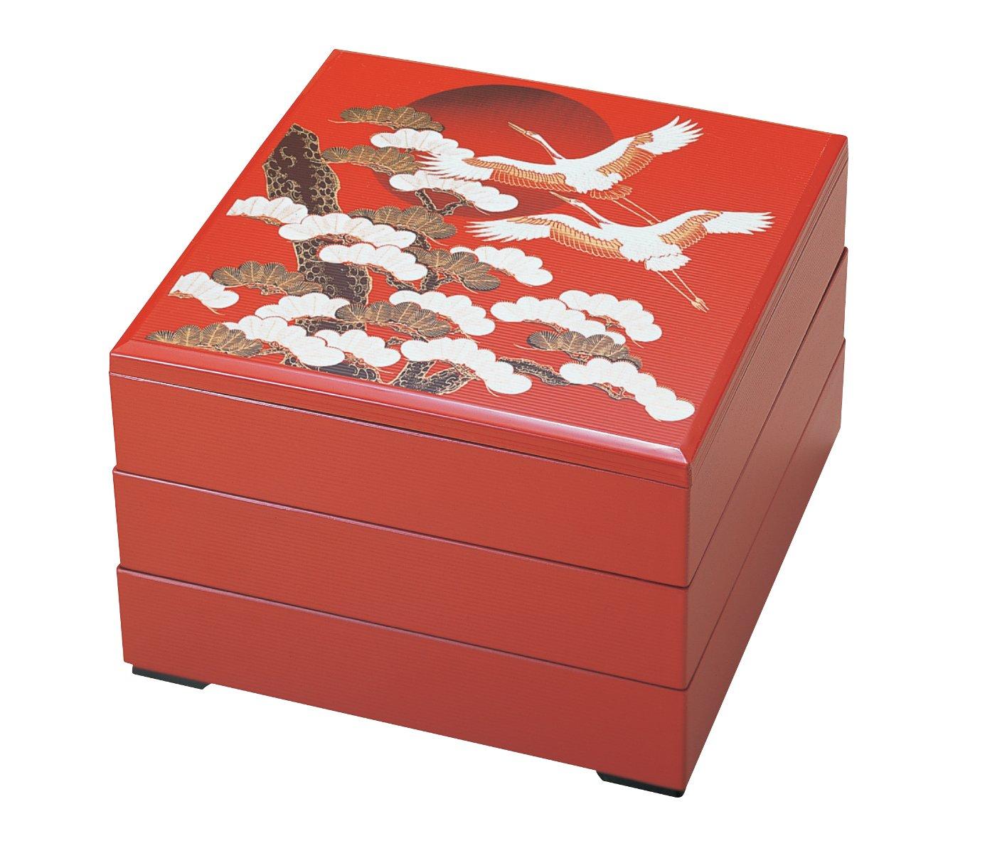 

Wakaizumi Lacquerware, 3-Tiered Box, 8.5-inch Thousand-Lined Design, Vermilion Sunrise Crane (Black Interior), H-161-10B