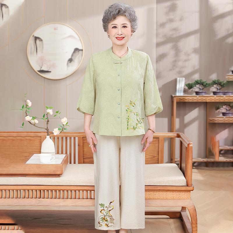 

Women s Summer Cotton-Linen Set: 3/4 Sleeve Top & Two-Piece Outfit for Middle-Aged & Elderly 5XL (up to 155 lbs)