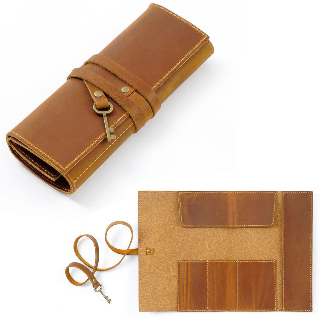 Vintage Foldable Brush Roll Pencil Cases Durable Crazy Horse Cow Leather Pen Organizer Fountain Pen Pouch Holder Zipper Closure
