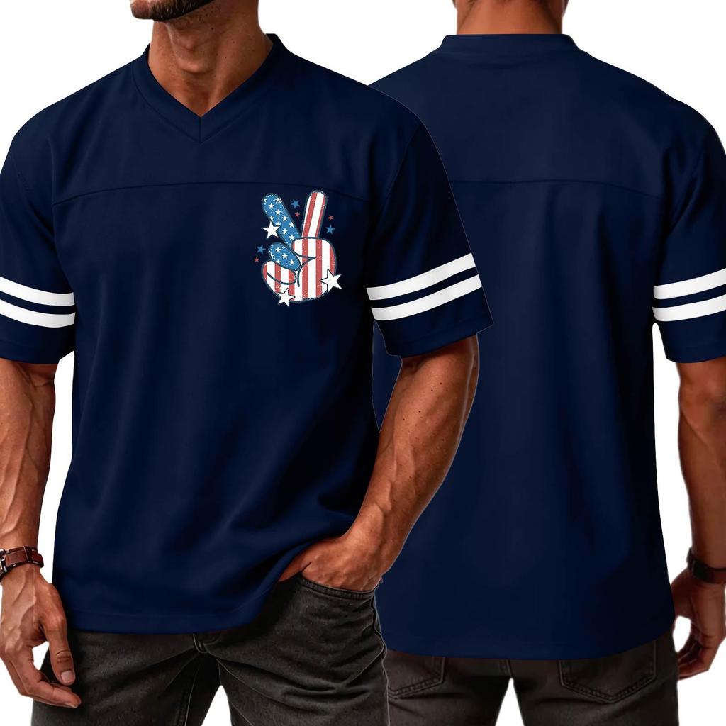 Men V Neck Casual Short Sleeve Jersey Shirt with Independence Day Print and Striped Sleeves for Sports and Wear