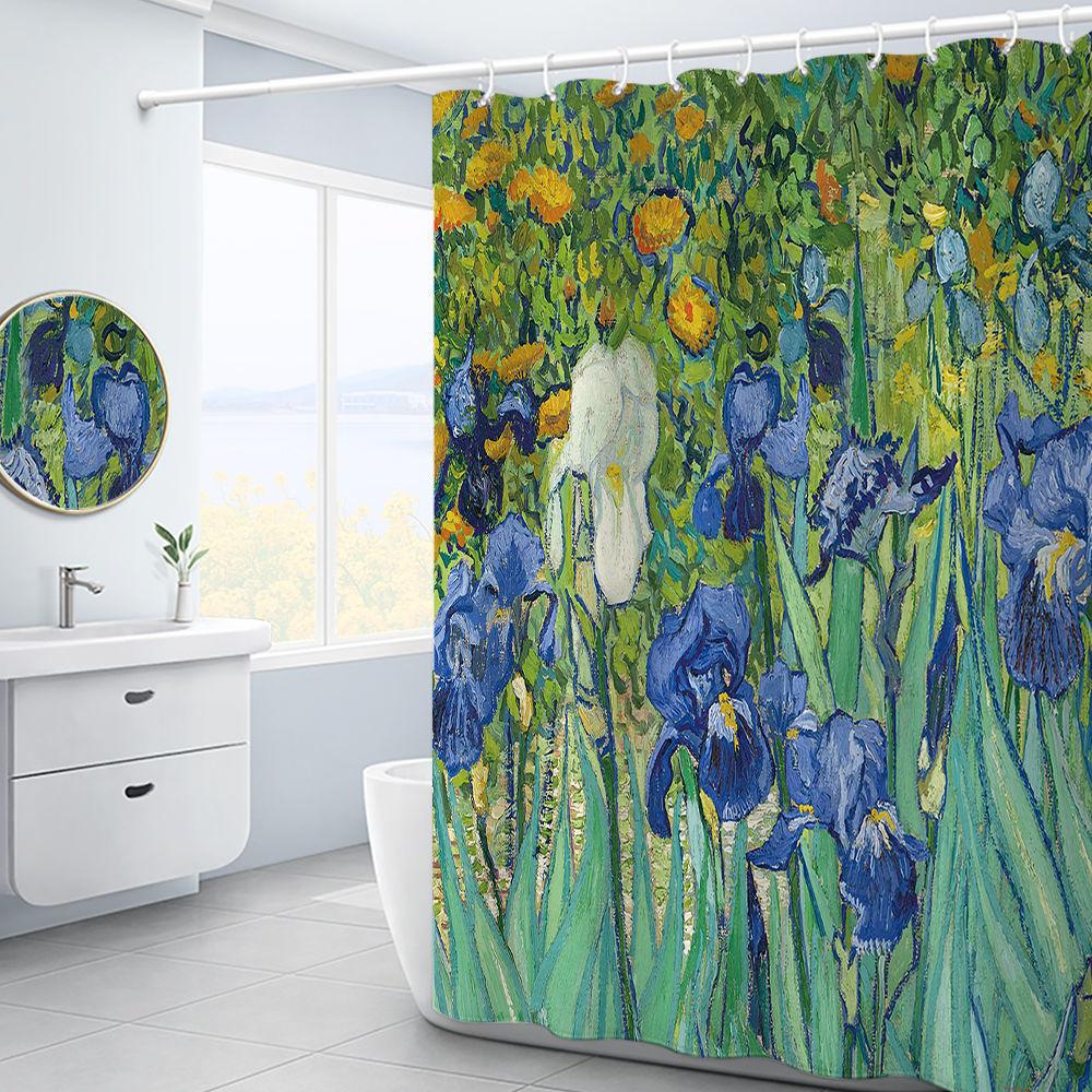 Van Gogh Starry Night Shower Curtain Oil Painting Abstract Art Blue Sky White Cloud Star Moon Scenery Bathroom Decor With Hooks