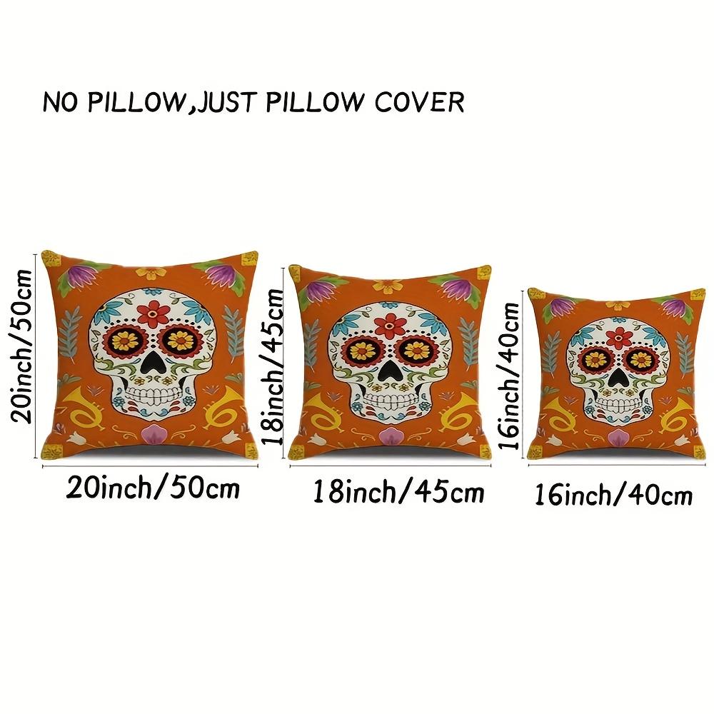 2D Flat, 2Pcs Day Of The Dead Sugar Skull Throw Pillow Covers - Mexican Folk Art Design With Vibrant Orange Floral Patterns