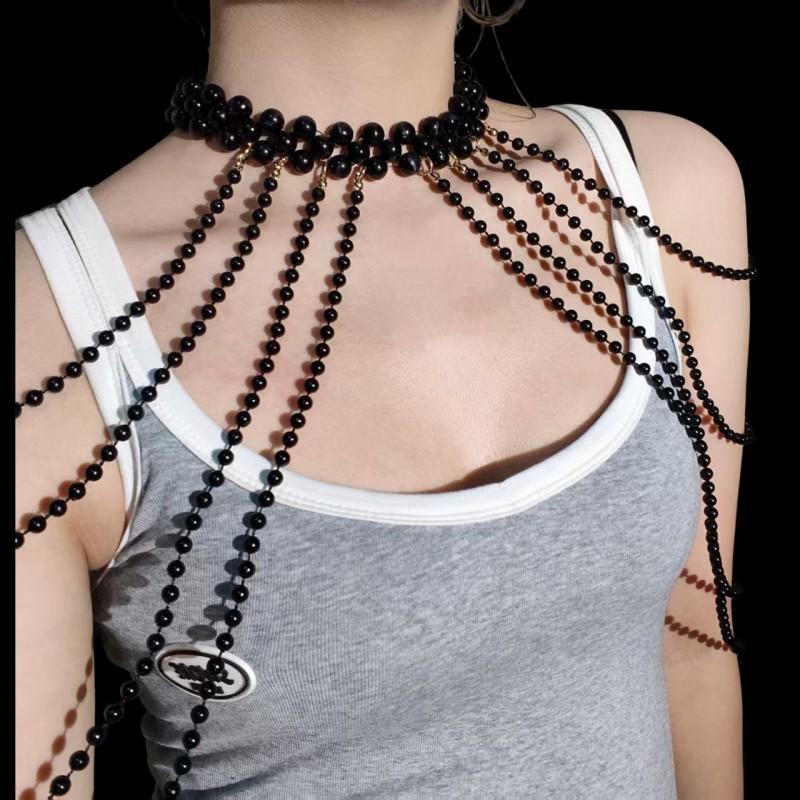 Faux Pearl Tassel Body Chain Sexy Shawl Cheongsam Evening Dress