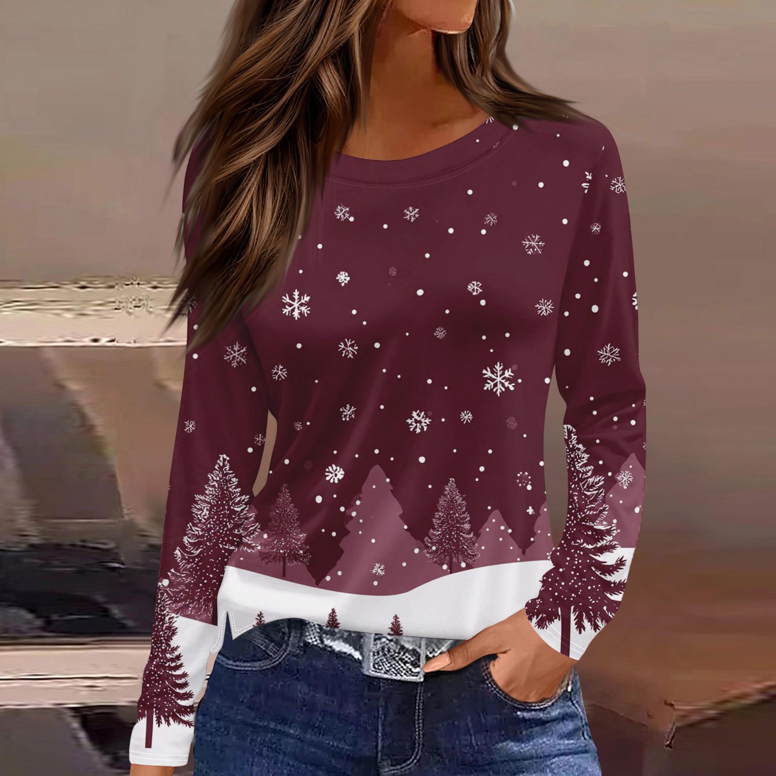 

Женская модная повседневная футболка с разрезом по низу, круглым вырезом, длинными рукавами, свободного кроя, с рождественским принтом, женский топ L