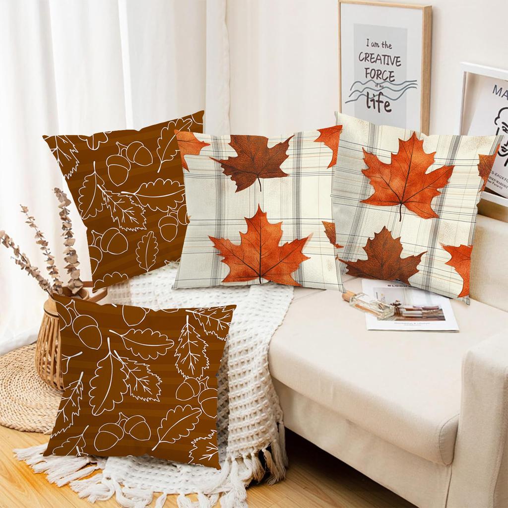 Autumn Leaf & Acorn Patterned Decorative Throw Pillows Polyester pillowcase, sofa decorative cushion cover, bedside throw pillow